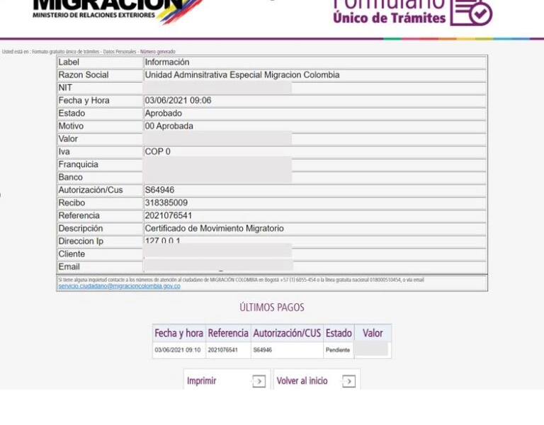 Migración Colombia payment receipt